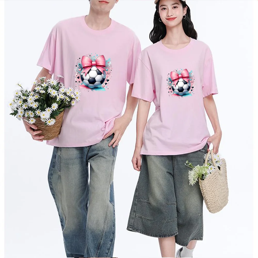 Soccer Ball With Pink Bow Printed T Shirt Breathable Fabric S-XXL Personalized Custom Casual Short Sleeve Tee Aesthetic Graphic