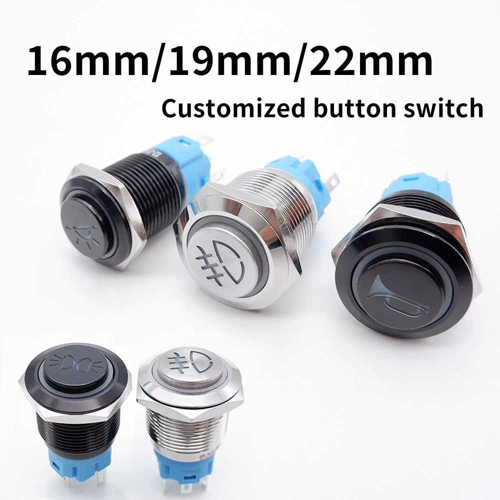 16mm19mm22mm Custom Metal Push Button Switch For Car Motorcycle Waterproof LED Light High Head With Socket Black/Silver 5V 12V