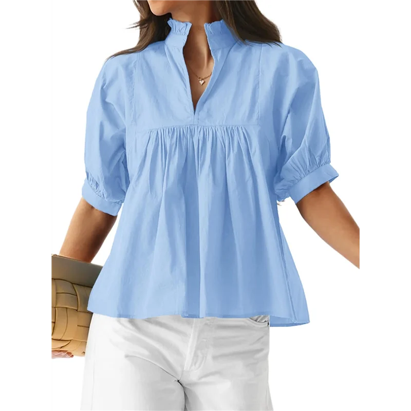 

CGS-Women Puff Sleeve V Neck Blouse Babydoll Peplum Tops Dressy Casual Pleated Loose Fit Shirts