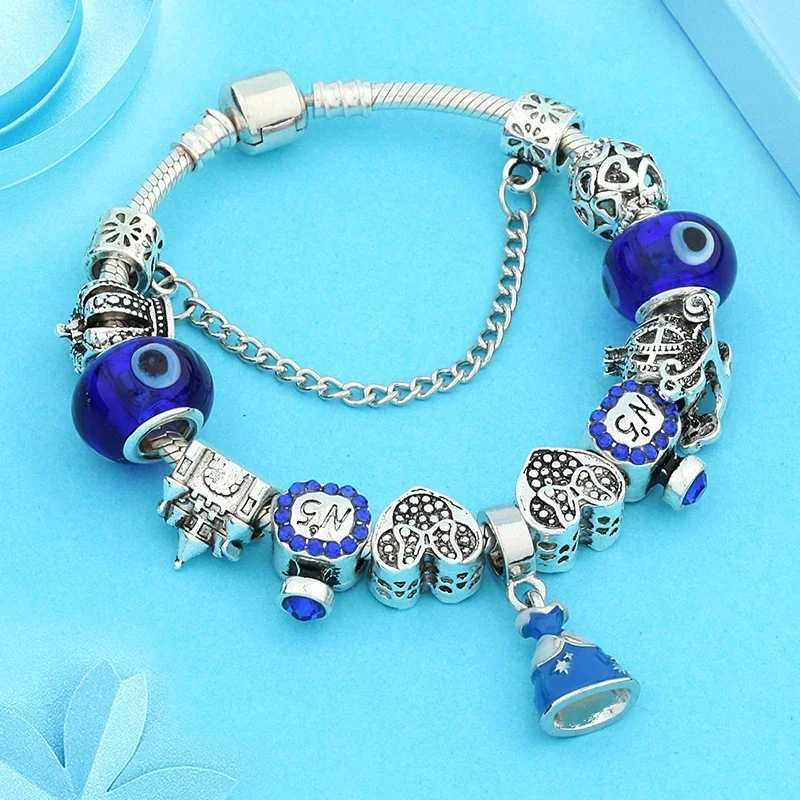 ديزني الأزرق الداكن المينا فستان الأميرة قلادة حبة سوار فضي اللون تاج القلعة القلب ميكي ميني الكرتون سوار هدية