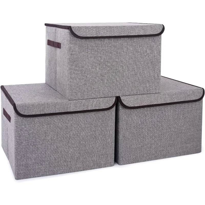 

Large 42 Quarts Collapsible Stackable Storage Bins with Lids [3-Pack] Foldable Fabric Linen Storage Boxes (16.7 x 12 x 12, )