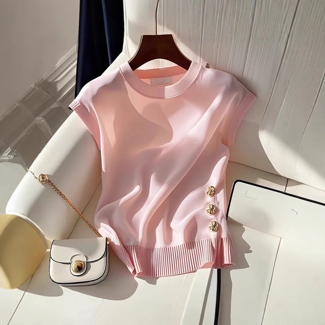 

French-Style Light Luxury Exquisite Pink Round-Neck Knitted Sleeveless T-Shirt For Women, Summer Edition, Unique And Super