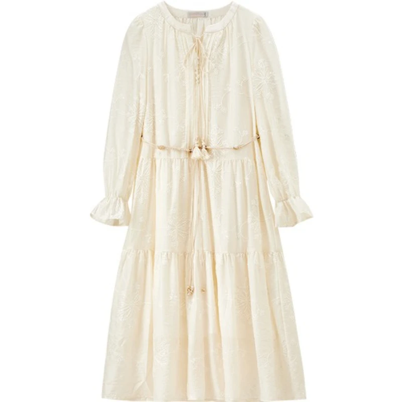 SENTUBILA Elegancka sukienka z lyocellu dla kobiet, kolekcja jesień 2025, sukienki o kroju litery A z długim rękawem, dekolt okrągły, bufiaste rękawy, luźne sukienki Q53LI3927