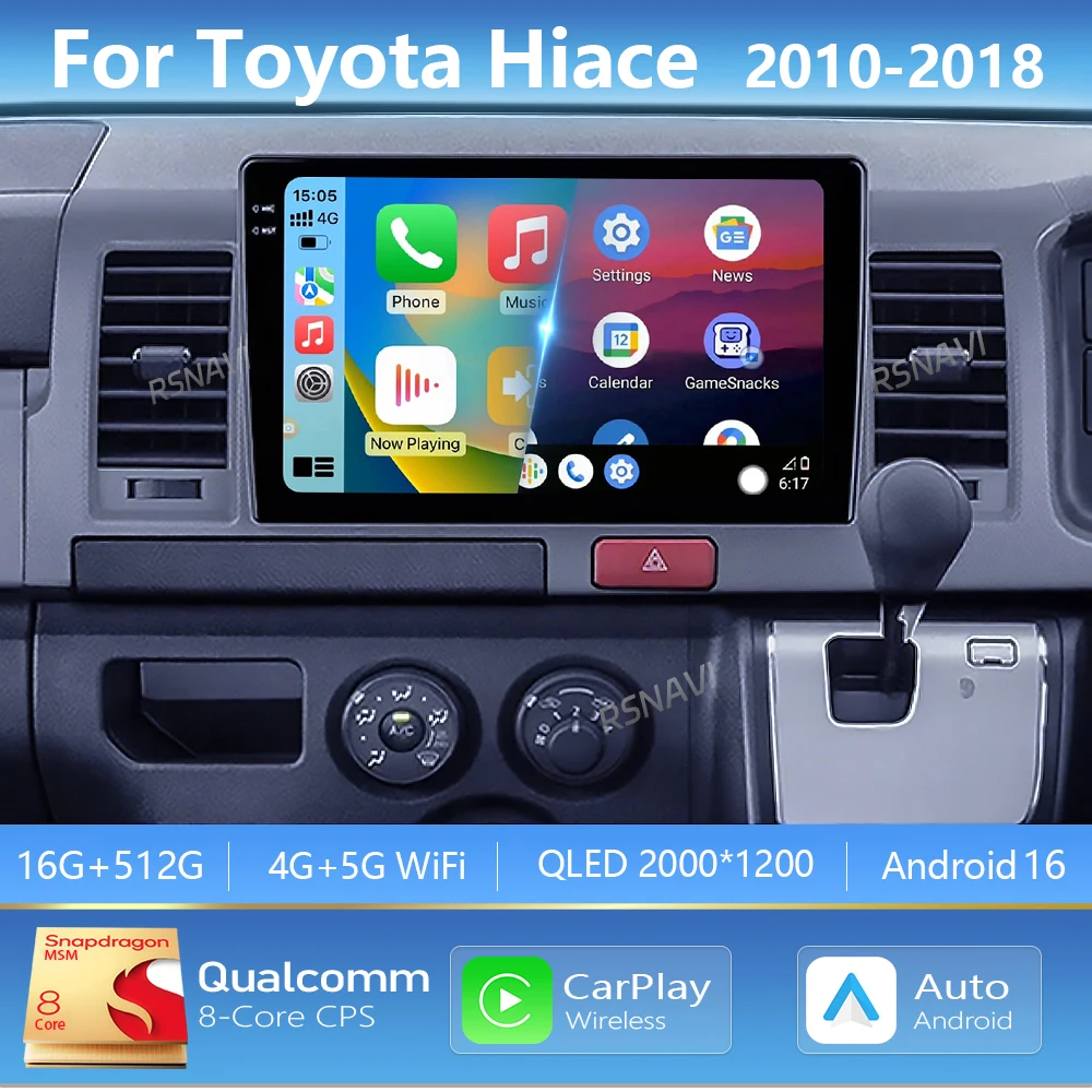 Android 16 Carplay Auto WIFI+4G Car Radio Multimedia Player For Toyota Hiace 2010 2011 2013-2018 Autoradio Stereo 2din Head Unit