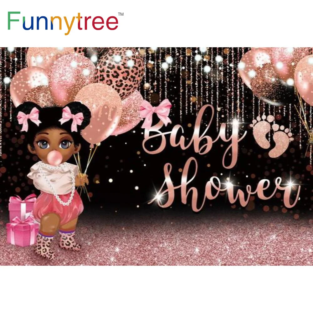 

Funnytree Baby Shower Pink Glitter Backdrop Footprint Balloons Gift Leopard Print Rose Gold Bokeh Doll Photobooth Background