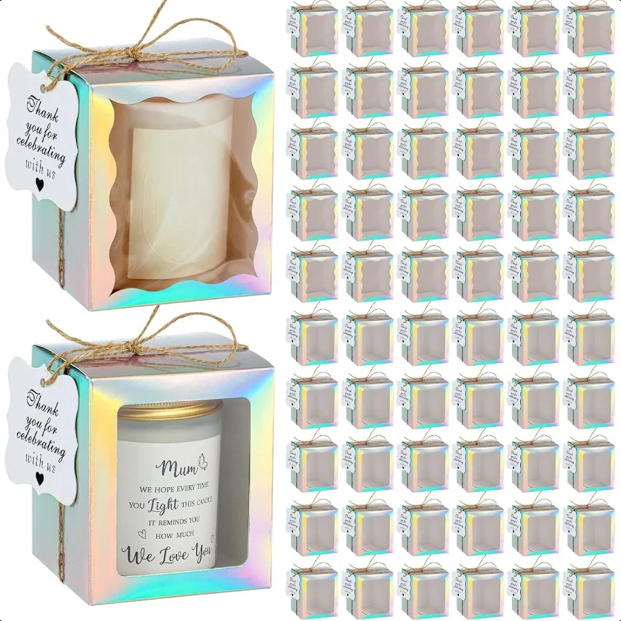 Juego de 100 velas, caja de regalo transparente, caja de embalaje de regalo para velas de 410 oz, 50 etiquetas de agradecimiento de papel, paquete de cuerda de cáñamo para boda B