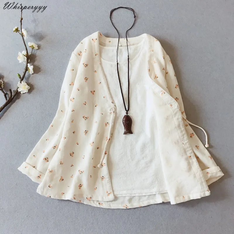 

Vintage Literary Hanfu Cotton Linen Cardigan Women Spring Autumn Chinese Style Top Loose Floral Short Shirt Traditional Dress