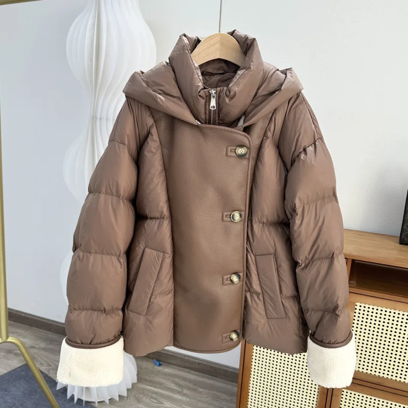 Winter European Women's Down Jacket Commuting Hooded Loose Windproof PU Leather Jacket