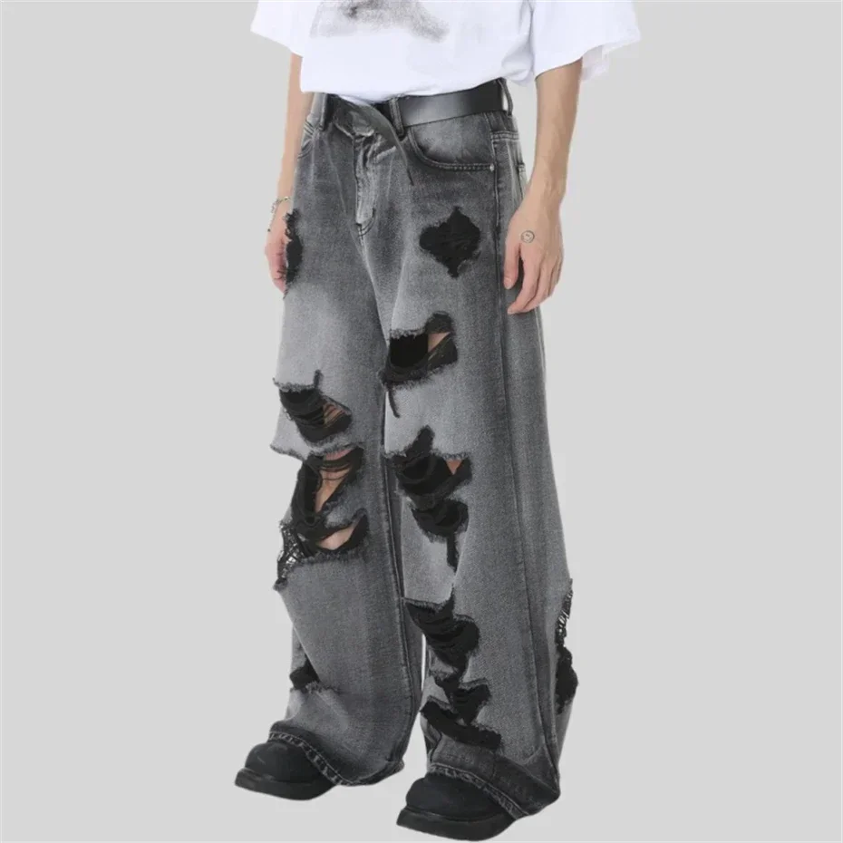 Baggy Denim Pants Men Hip Hop Streetwear Hole Ripped Jeans Vintage Harajuku Loose Trousers Male