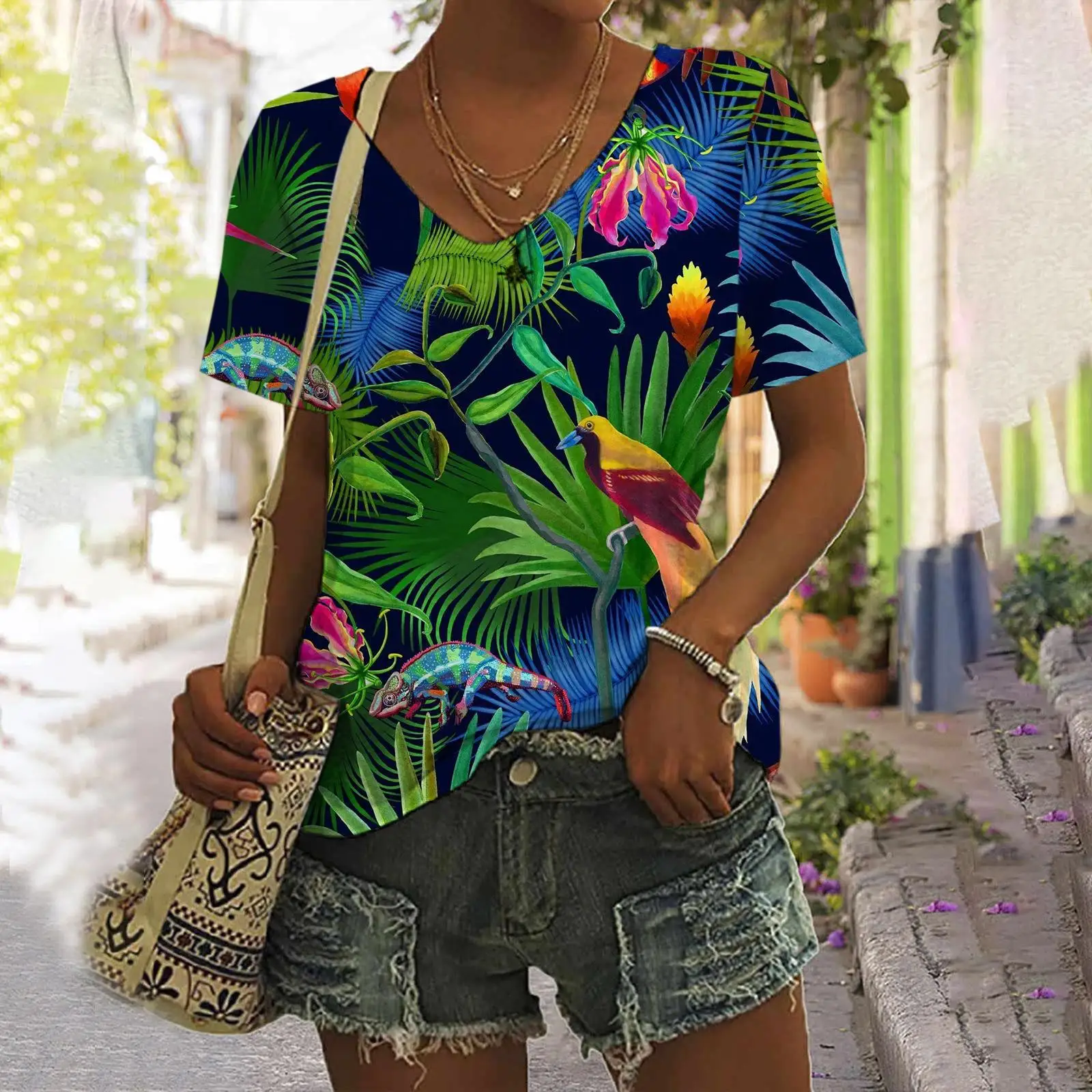 Floral Tropical Plants T-Shirts Parrot 3D Print Women V-Neck Short Sleeve T Shirt Oversized Harajuku Y2k Top Tees Woman Clothing