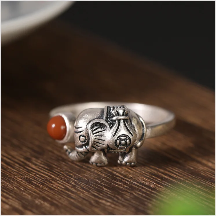 Ethnic Style Inlaid Imitation Southern Red Jade Small Elephant Ring Retro Auspicious Elephant Open Ring Women Temperament Ring