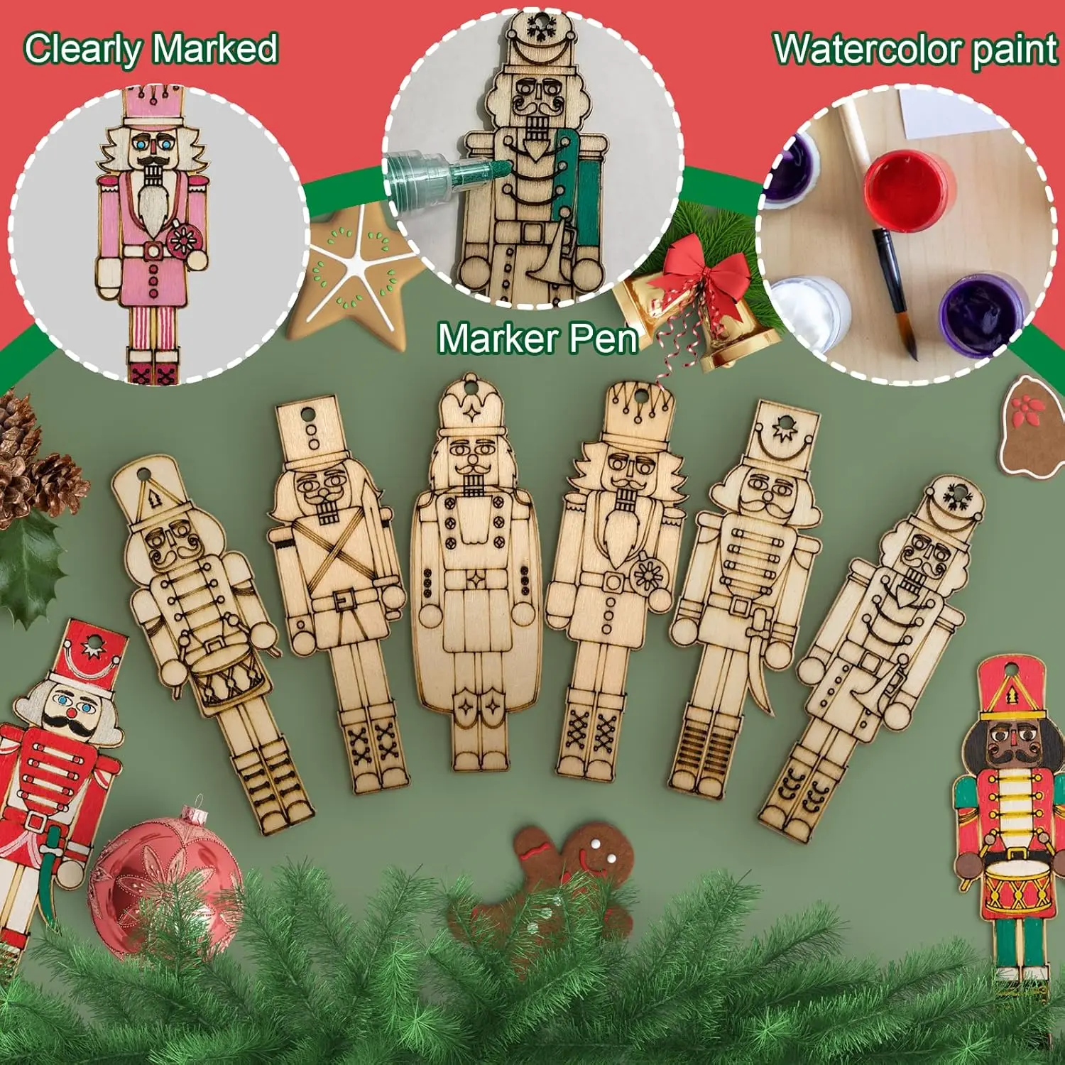 D & D 24 PC DIY คริสต์มาส Nutcracker เครื่องประดับไม้แขวนวอลนัททหารตกแต่ง BLANK Xmas หัตถกรรมสําหรับคริสต์มาส