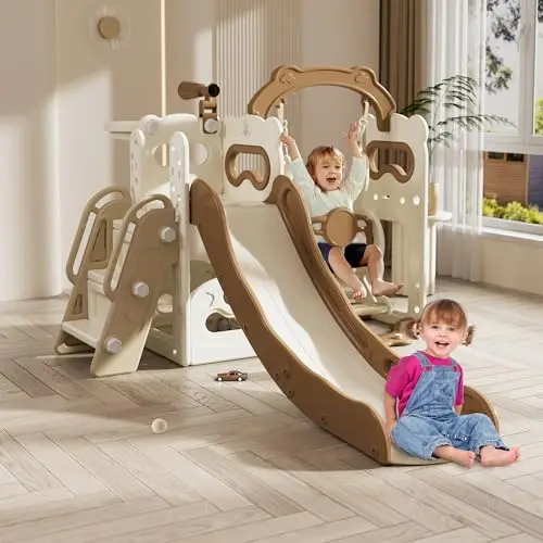 Toddler Slide, Swing and Slide for Toddlers Kids Age 1-3 with Basketball Hoop Tele Indoor Outdoor Slide Playset