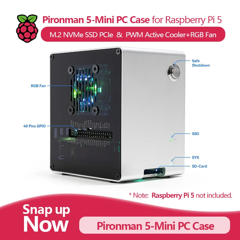 

Чехол Pironman 5-Mini для ПК для Raspberry Pi 5 (нет в комплект), поддерживает M.2 NVMe SSD PCIe, с активным кулером PWM + вентилятором RGB
