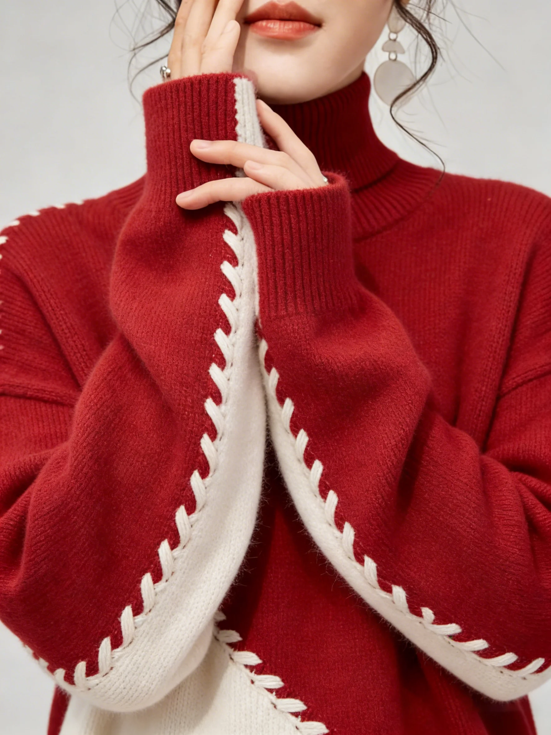 

Красный вязаный свитер с высоким воротом для женщин, зимняя верхняя одежда, базовый слой, элегантный топ для повседневной носки, свободный крой, длинный рукав