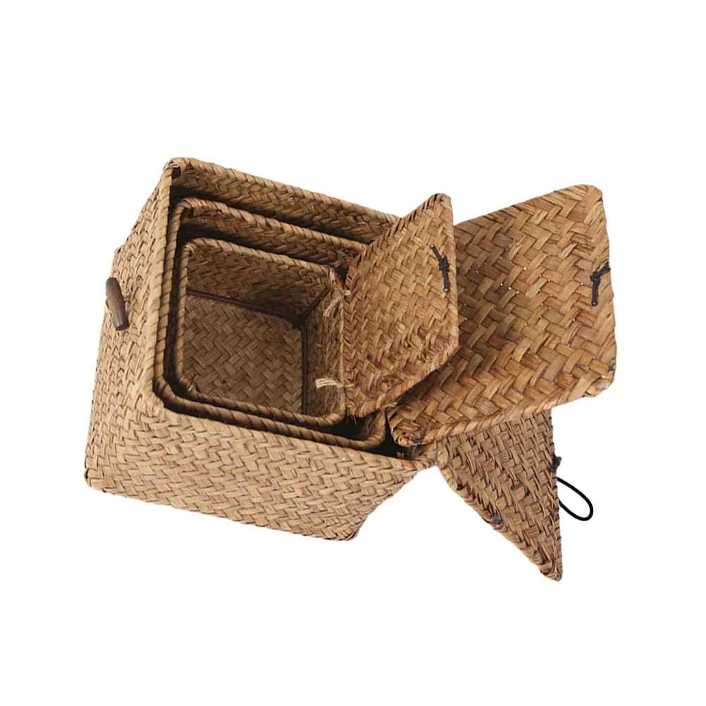 

3pcs Retro Straw Woven Baskets Household Desktop Storage Holders Vintage Fruit Vegetable Organizers Creative Sundries Holders