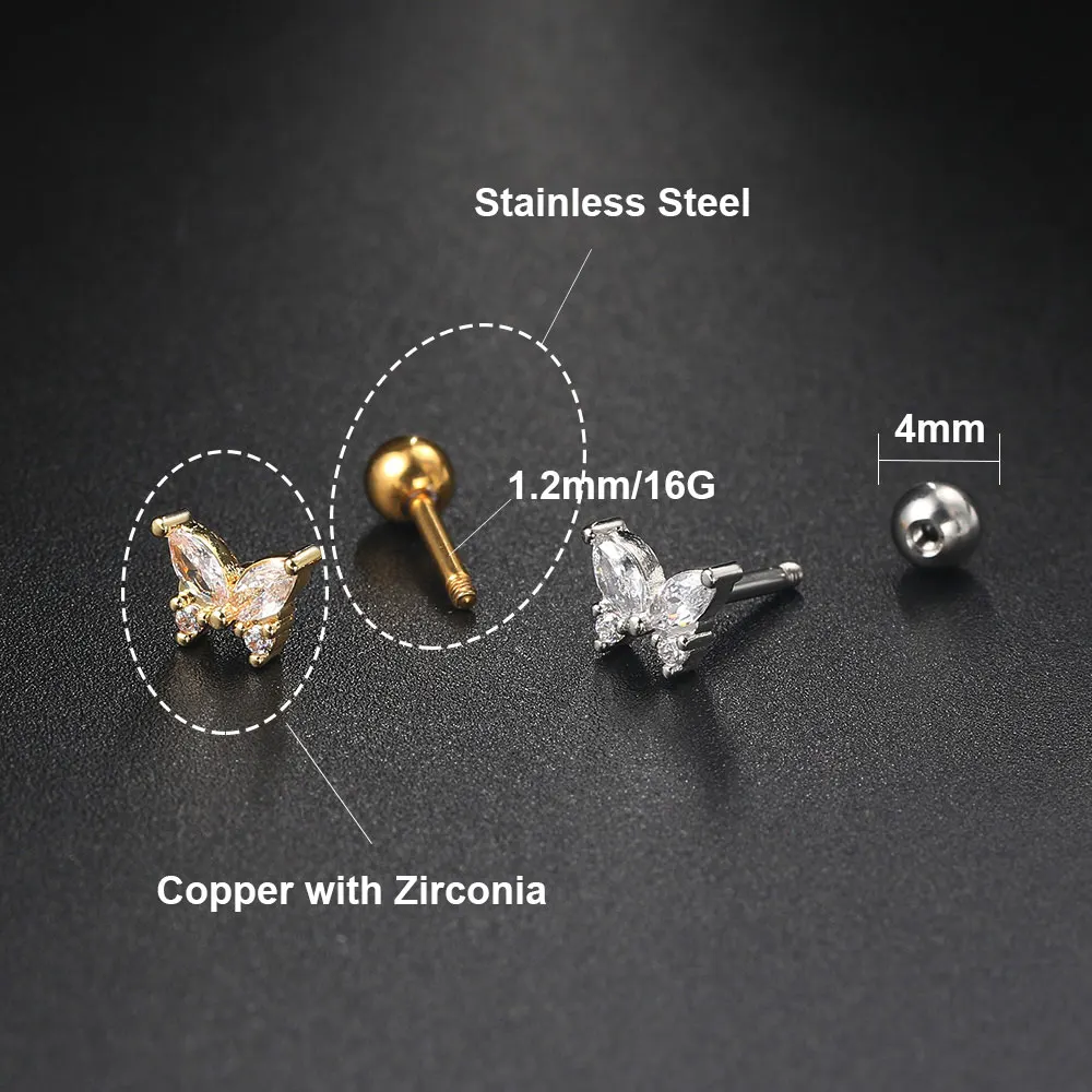 Conch Rook Tragus Helix Lobe Ear Piercing Earring Zircon Drop Earring Women Moon Butterfly Cartilage Septum Piercing Jewelry