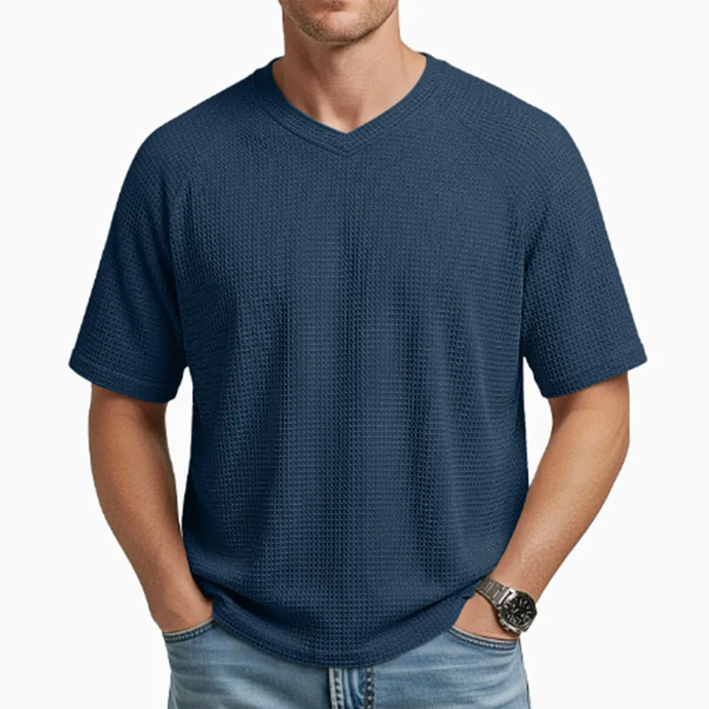 2026 New Spring/Summer Knitted Men's V-neck Off Shoulder Waffle Short Sleeve Fashion Casual Comfortable T-shirt Shirt