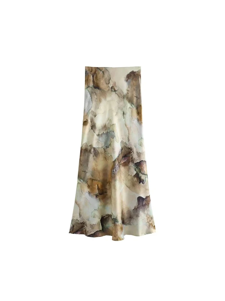 Women's Printed Single Breasted Slim Long Shirt Loose Temperament Fashion Mid-Length Skirt Silk Texture Ink Tie-Dye Suit