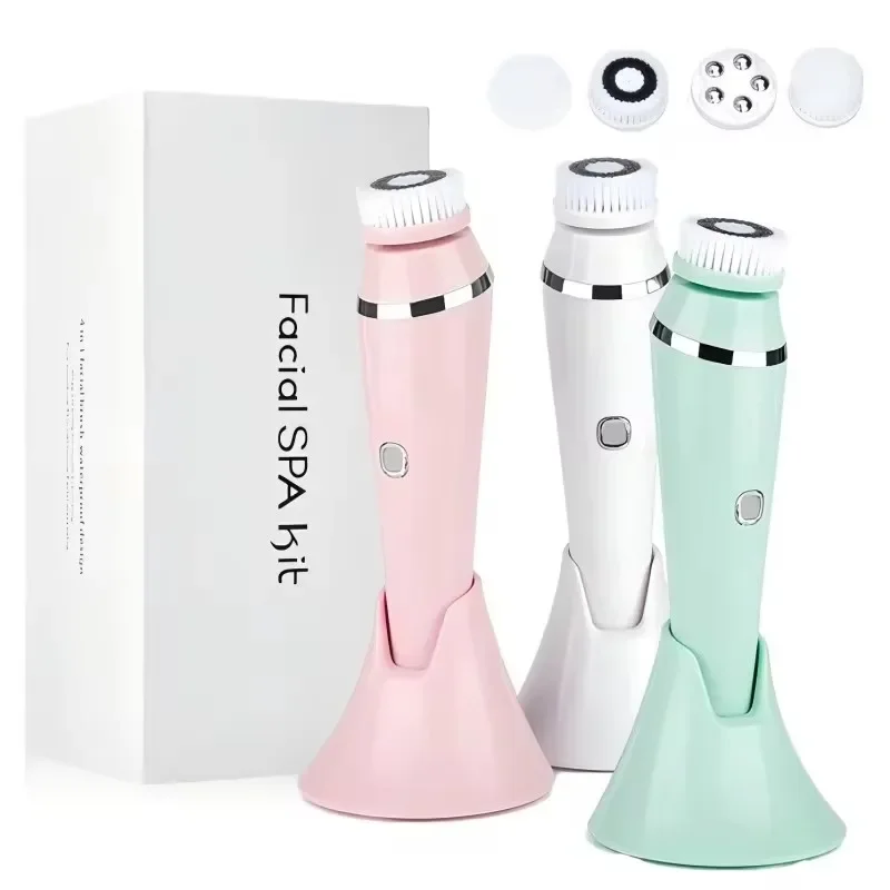 Brosse électrique de nettoyage du visage 4 en 1, masseur de visage étanche IPX7, dispositif de nettoyage pour un nettoyage en profondeur, élimination des points noirs et des pores