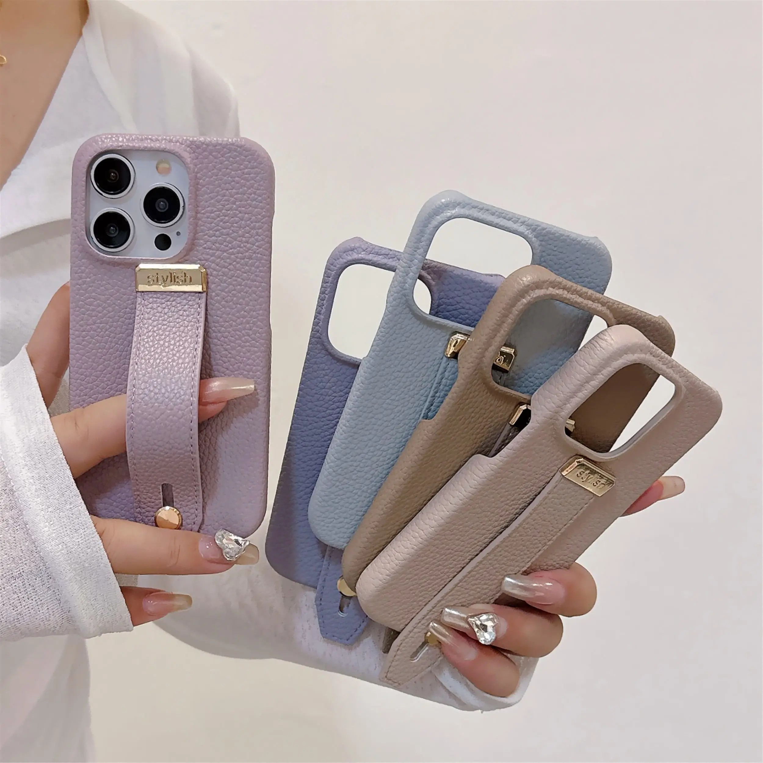 Luxury Lychee Pattern Leather Phone Case For iPhone 14 15 16 Pro Max 13 12 11 Pro 14Plus Shockproof With Wrist Strap Stand Case