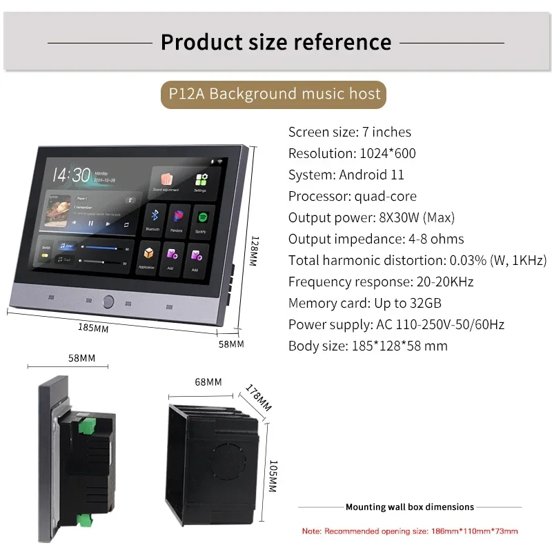 

Smart Home Background Music System 7 Inch Tuya Android 11 Control Panel Inwall Amplifier Home Theater Mini Audio System
