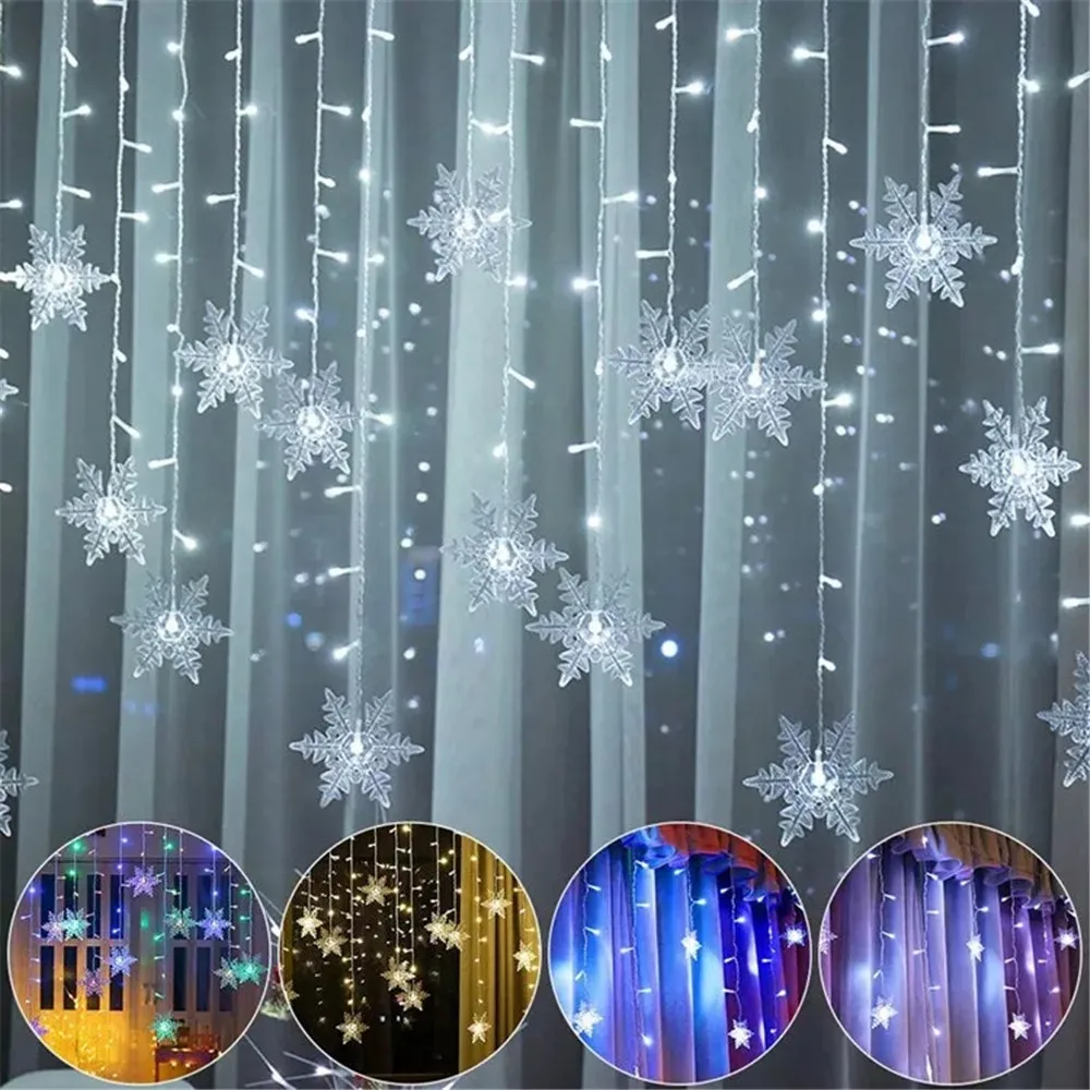 Solar Snowflake Window Curtain Christmas Lights Icicle Fairy String Lights Outdoor Garland Home Party Garden Decoration