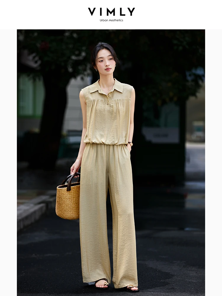 

VIMLY Women's Khaki Suit 2025 Summer Causal Sleeveless Ruched Polo-Neck Top Draped Wide Legs Trousers Pants Two-piece Set A1787