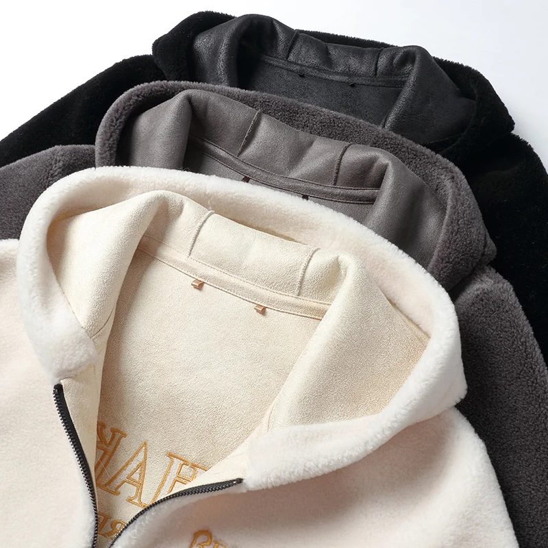 Winter Cashmere Coat Short Hooded Wool Particle Coat Men's Fur Integrated Lambswool Fur Tide