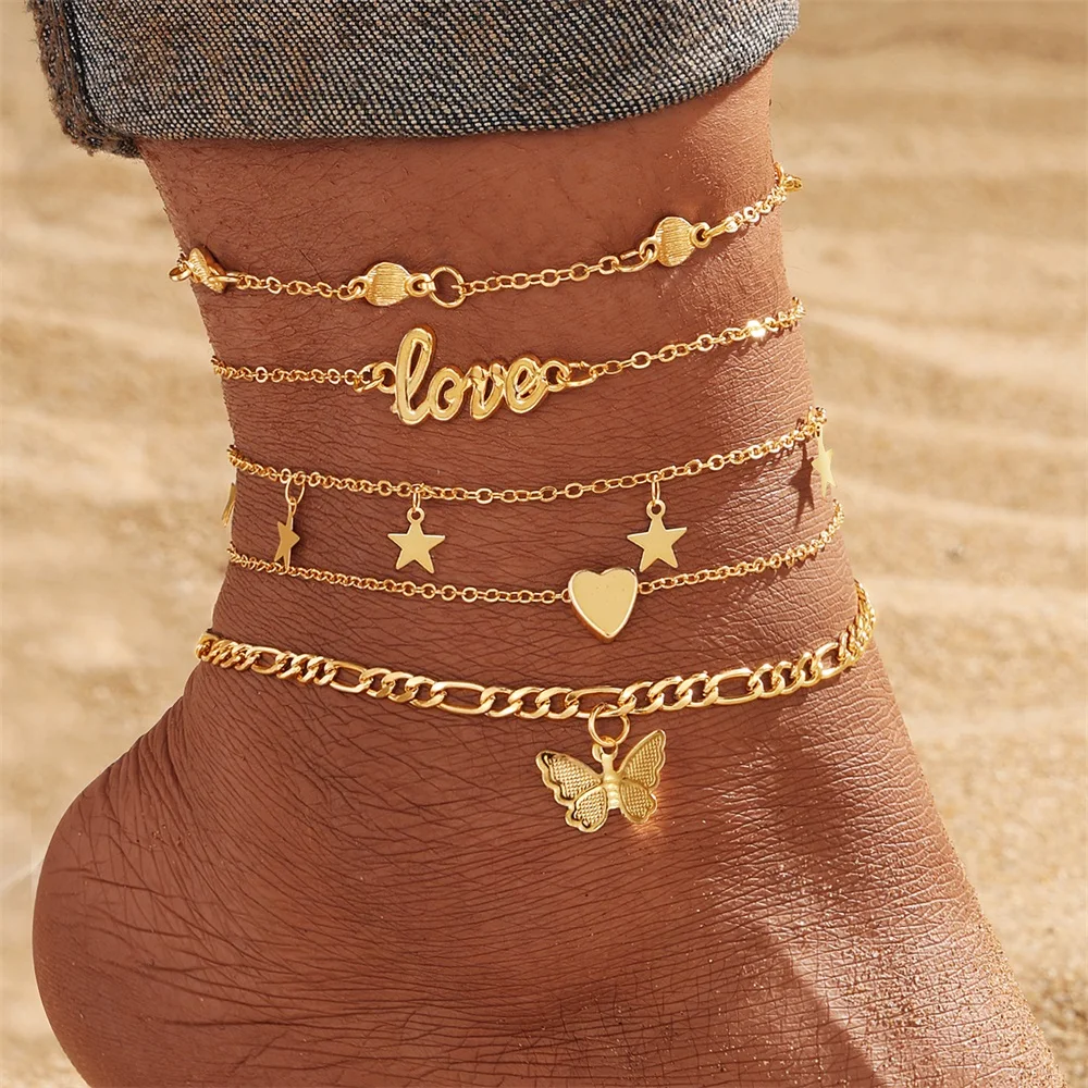 FNIO Bohemian Infinite symbol Charm Anklet Set For Women Love Heart Ankle Bracelet On Leg Foot Chain Female Beach Jewelry