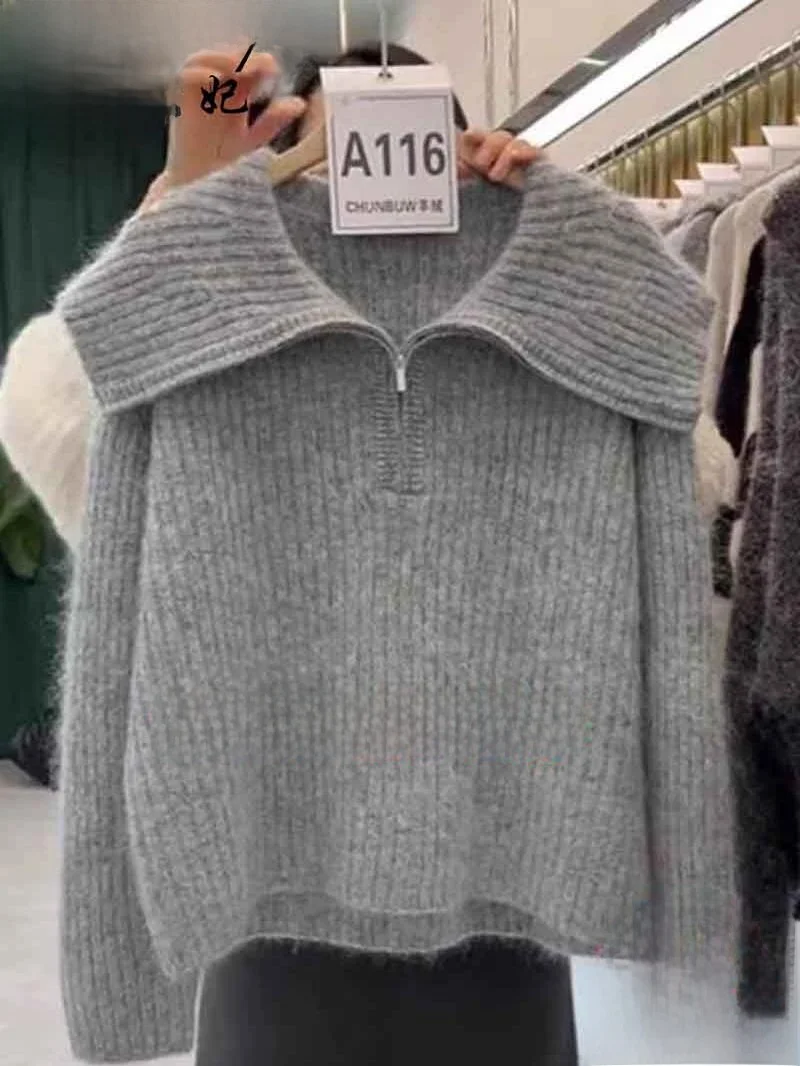 

Ladies Thiened Woolen Knitted Sweater f Zipper Loose Fit Navy Collar Sle Winter Outerwear Casual Chic Sle Knitwear