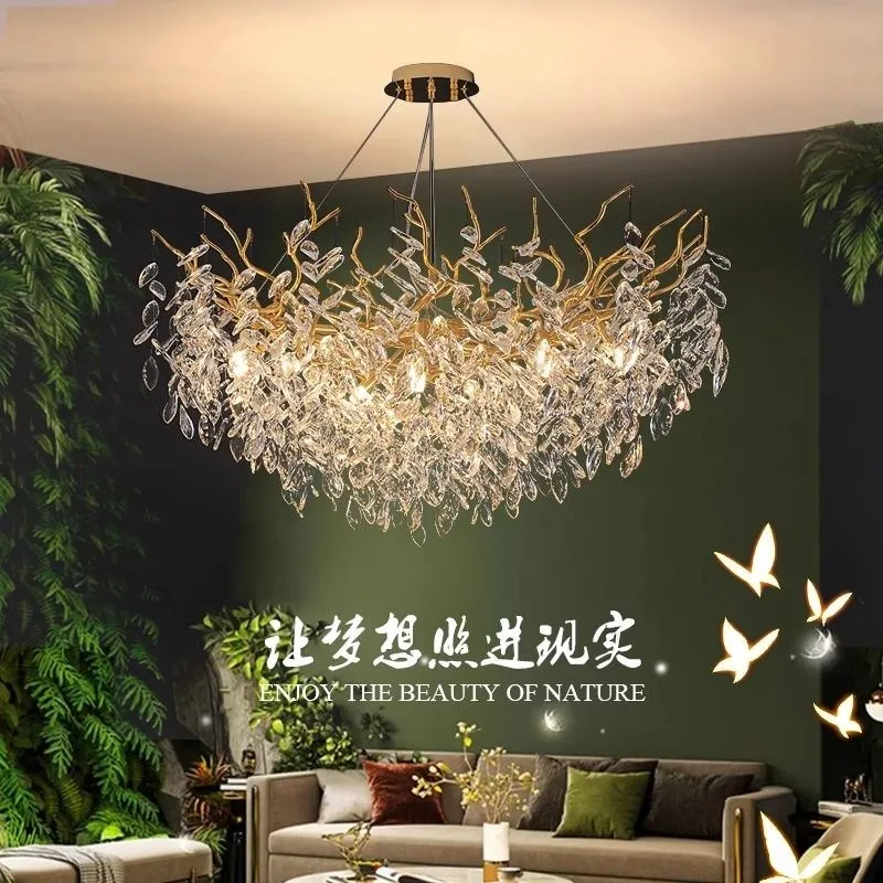 Luxury Gold Branch Crystal Chandelier Modern Glass Leaf Pendant Light for Living Room Foyer Home Decor