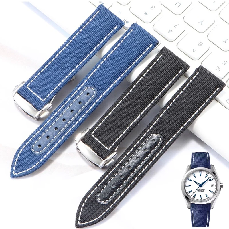 Woven Canvas Watch Strap For Omega Seamaster 300 AT150 Fabric Leather Nylon AQUA TERRA 150 Blue Black Watchband 19mm 20mm