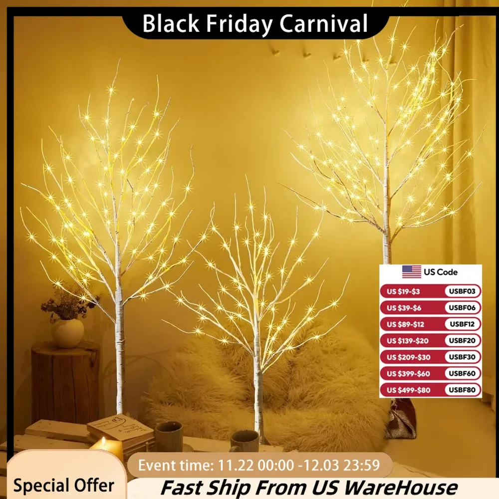 Halloween Decoration, 3 Packs Lighted Brich Tree, 4FT 56 LED/5FT 72 LED/6FT 128 LED, Powered, Halloween Decoration