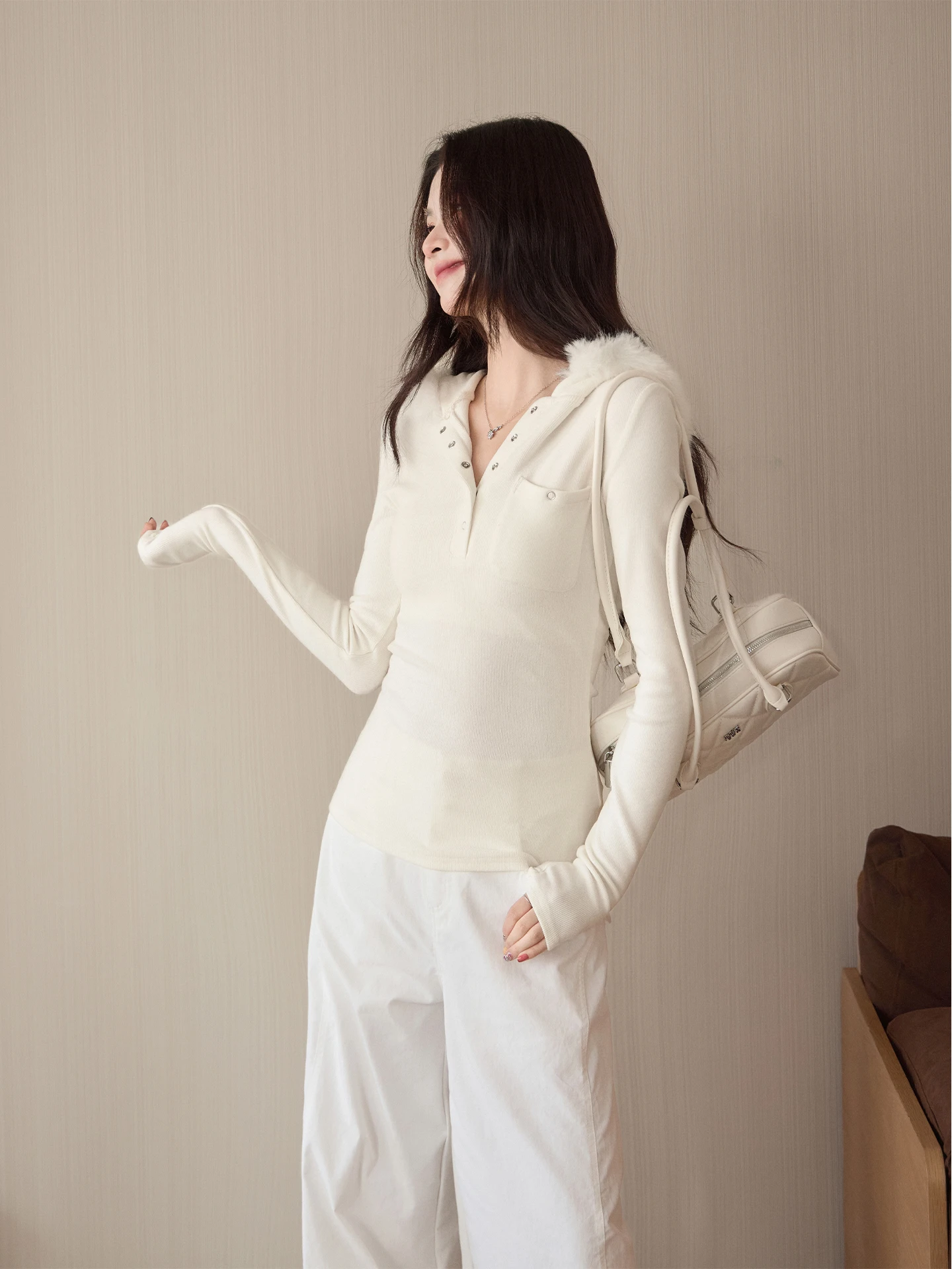 

Slim Fit Long Sve T-irt Women's Vintage Hot Girl Hooded Coat Collar Base irt Spring Autumn Sweet Sle Casual Wear