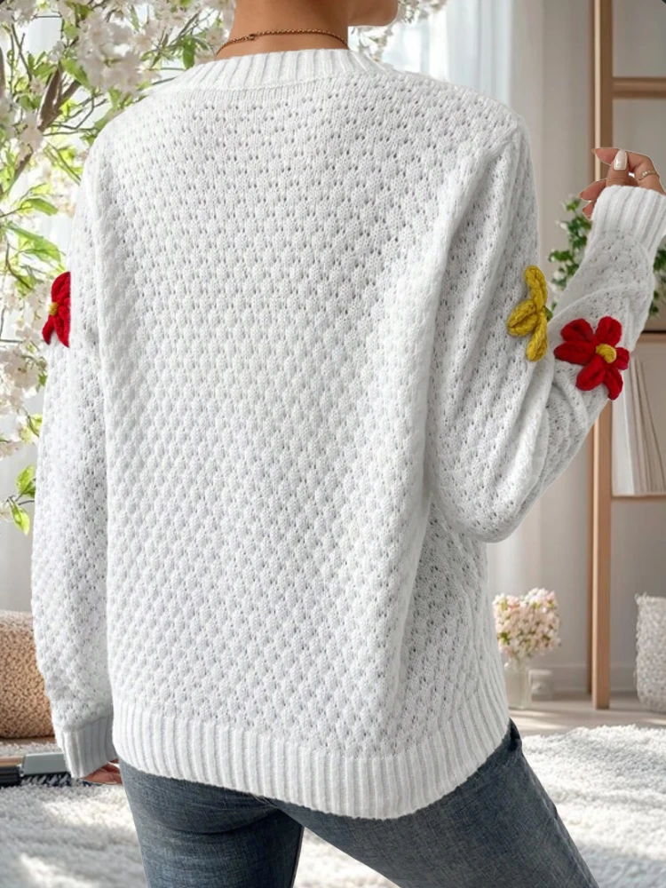 البوب المرأة الجديدة زين الأزهار التطريز طويلة الأكمام سترة البلوز أنيقة جولة الرقبة بلون قمم الخريف الشتاء الترويج #4