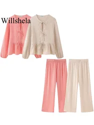 Willshela Women Fashion 2 Piece Set Grey Lace Up Pleated Shirts& Vintage High Elastic Waist Trousers Feamle Chic Lady Pants Sets