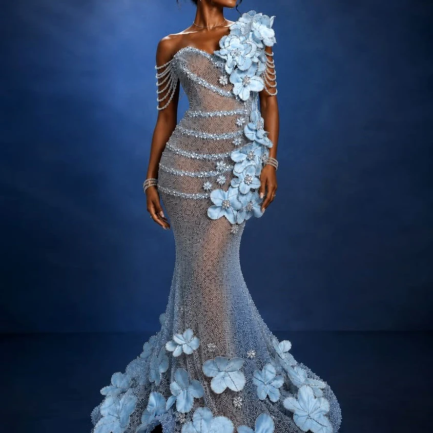 Luxury Beaded Off Shoulder Evening Dress Blue Floral Tulle Crystal Sequined Evening Gown Cocktail Party Haute Couture Dress