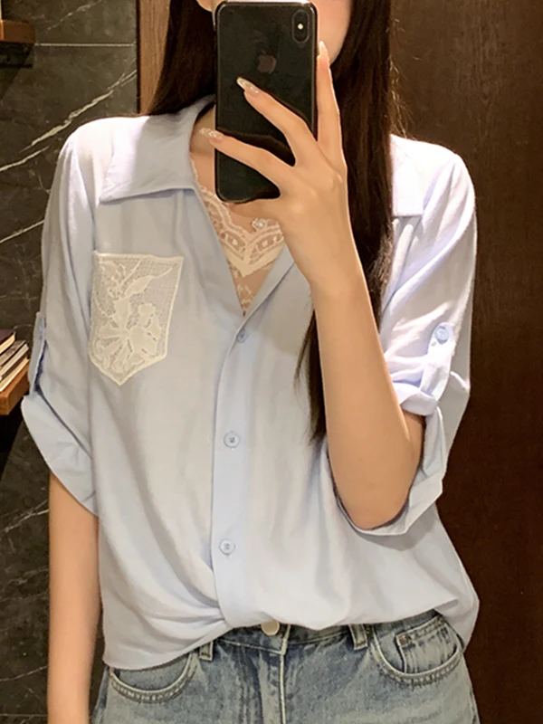 

Lace Splice Shirt Design Pure Style Mid-Length Vest False Two-Piece Top Breathable Korean Style Commute Daily Wear Summer 2026