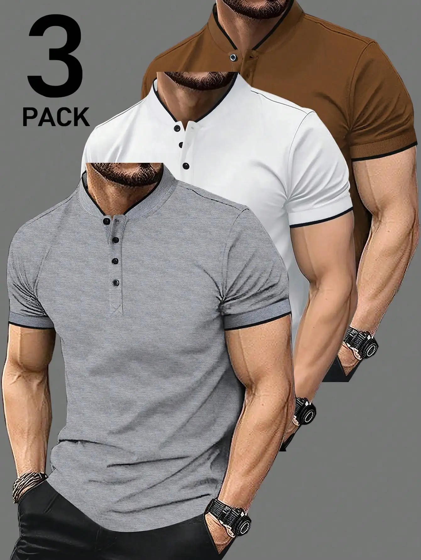 

3 Pack Men's Solid Color Henley Shirts Short Sleeve Casual Business Tops