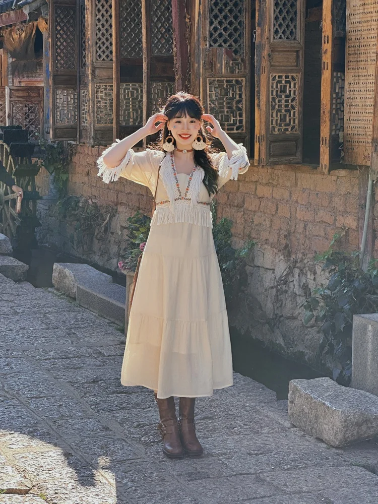 

Retro Embroidered Fringe Dr Sweet V-Ne Slimming Waist Travel Sle Midi Skirt Bell Sve Holiday Wear Polyester Fabric