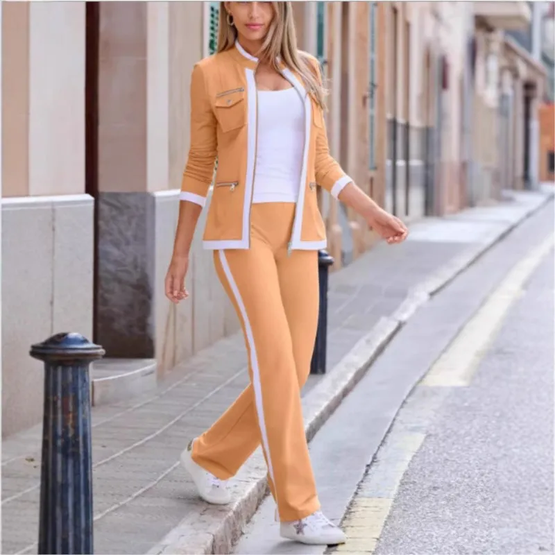 Autumn New Fashion Two Pice Set Color Blocking Zipper Elegant Office Pencil Knitted Suits Women Casual Bodycon Pants Set Vestido