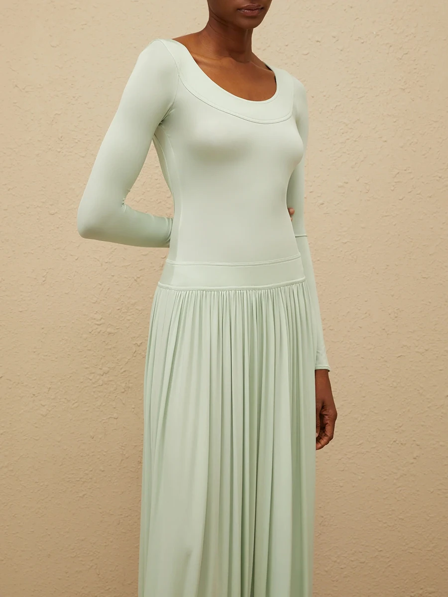 VGH-Vestido largo con encaje empalmado y espalda descubierta para mujer, vestidos de noche plisados con temperamento de cintura alta y manga larga con cuello redondo, novedad