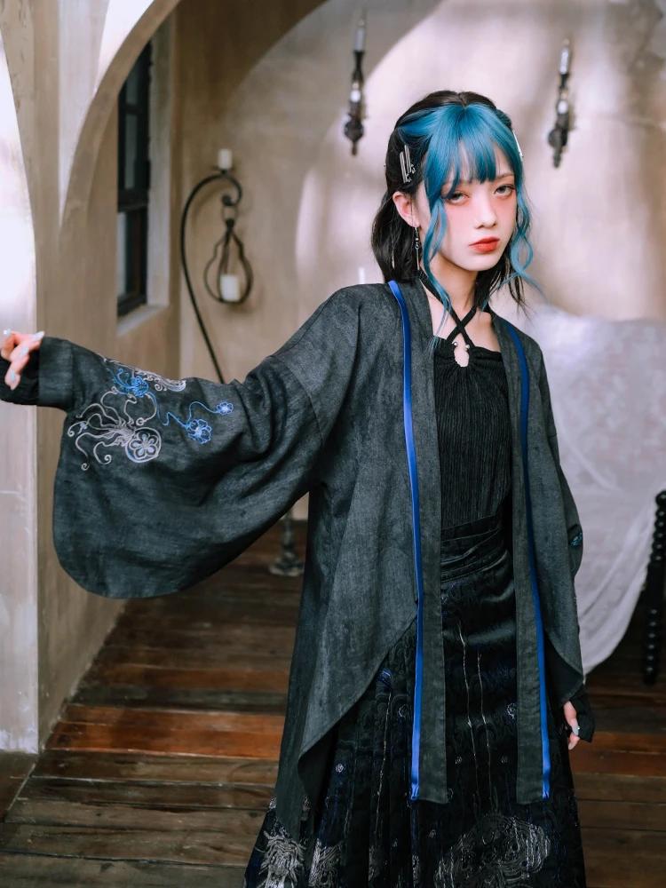 

Женский открытый кардиган с улучшенной вышивкой Blue Tear, верхняя одежда нестандартной формы Hanfu Pipta Sve, топ, оригинальный дизайн, свободный крой