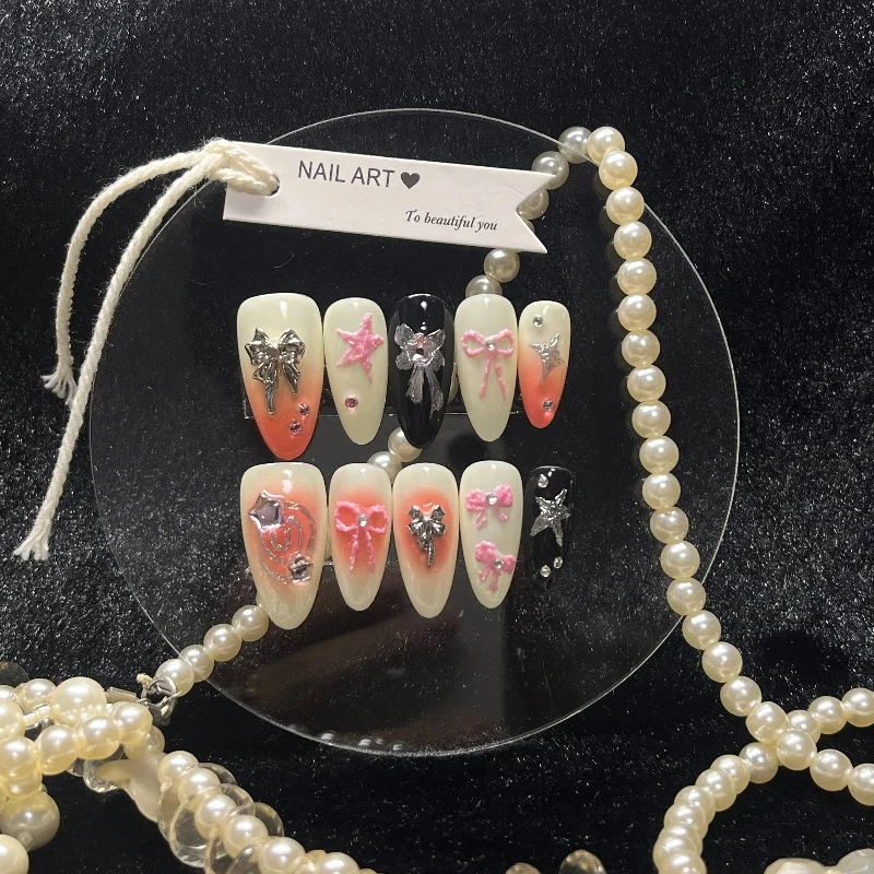 

10PCS Sweet Goth Press on Nails Long Almond Pastel To Black Gradient with Bow Star Design Handmade False Nails for Women Girls