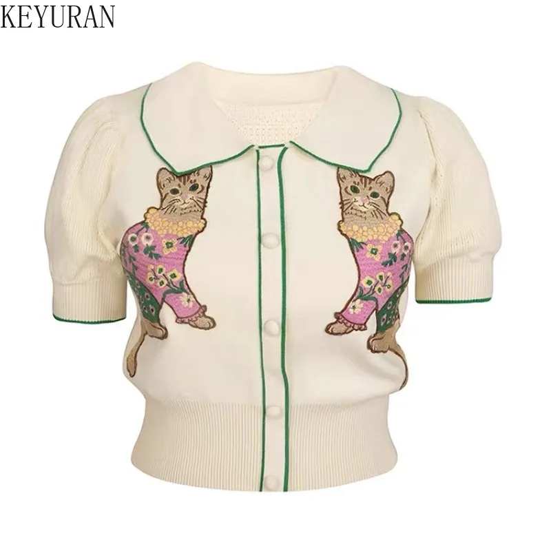 Summer Cartoon Cat Embroidery Short Sleeve Sweater Pullovers Women Vintage Fashion Slim Single-breasted Knit Cardigan Crop Tops