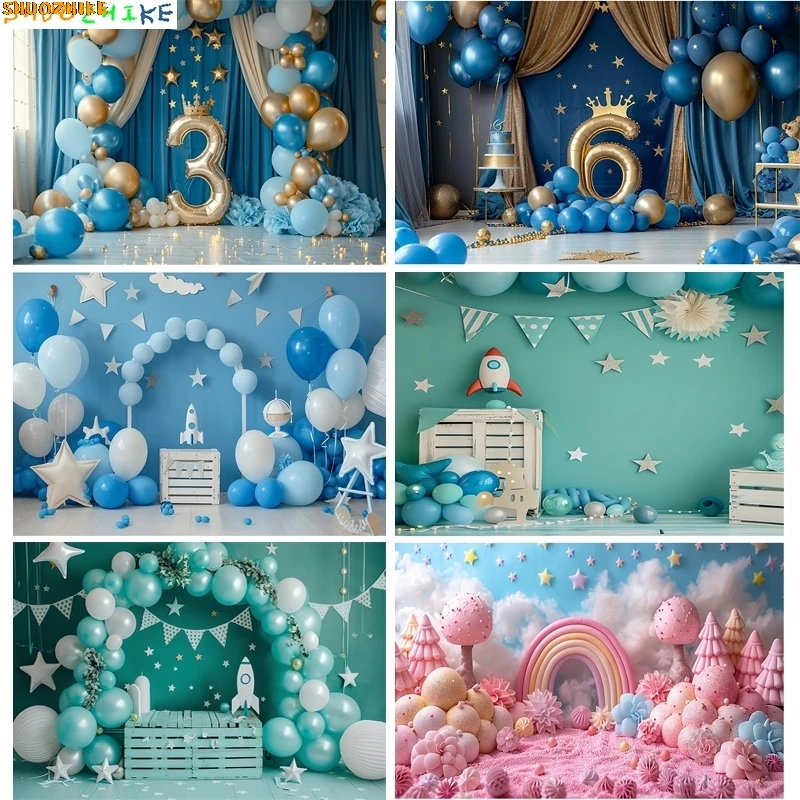 

Blue Gold Birthday Party Photography Backdrops Props Arch Balloons Joyous Candyland Newborn Baby Photo Studio Background TF-04