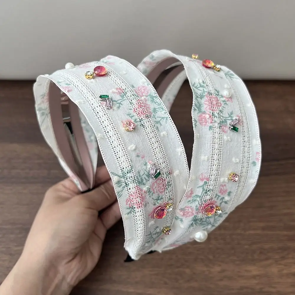 

Korean Style Embroidery Lace Headband Wide Edges Floral Bow Hair Rope Flower Hair Accessories Rhinestone Hair Band Decoration