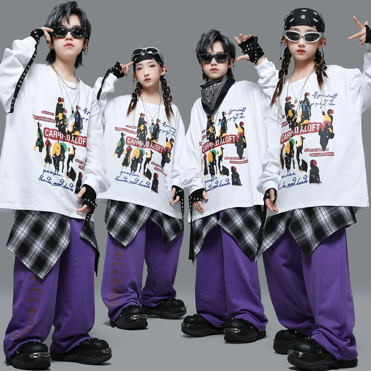 Kid Kpop Hip Hop Clothing White Print Sweatshirt Top Purple Casual Sweat Pants for Girl Boy Street Dance Wear Costumes Clothes