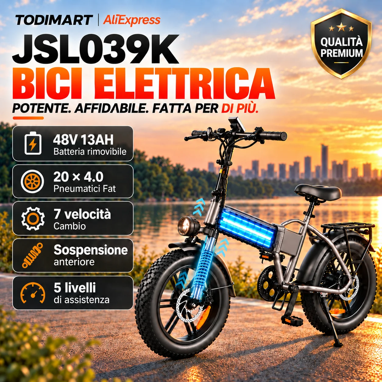 TODIMART JSL039K Fat Bike Elettrica Pieghevole per Adulti Batteria 48V 13Ah Pneumatici 20x4.0 7 Velocità Sospensione Anteriore Doppi Freni a Disco Bici Elettrica Urbana All Terrain